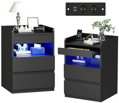 BEWISHOME Table de Chevet Lot de 2 avec,avec Compartiment caché,Moderne et Polyvalente Table de Nuit,avec Fonction de Charge,pour Salon,Chambre,Bureau,Noir EFCG02B