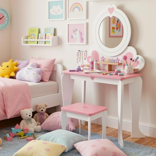 Clevich 2 in 1 Toeletta per Bambini, Toeletta da Trucco con Specchio Bambini, Scrivania in Legno con Sgabello, Robusto e Durevole, per Bambini dai 3-8 Anni (Bianco)