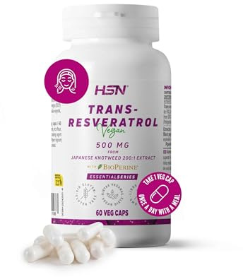 HSN Resveratrol 500mg + BioPerine® | 60 Cápsulas Vegetales | Puro Trans-Resveratrol de Fallopia japonica 200x Veces Más Concentrado | No-GMO, Vegano, Sin Gluten