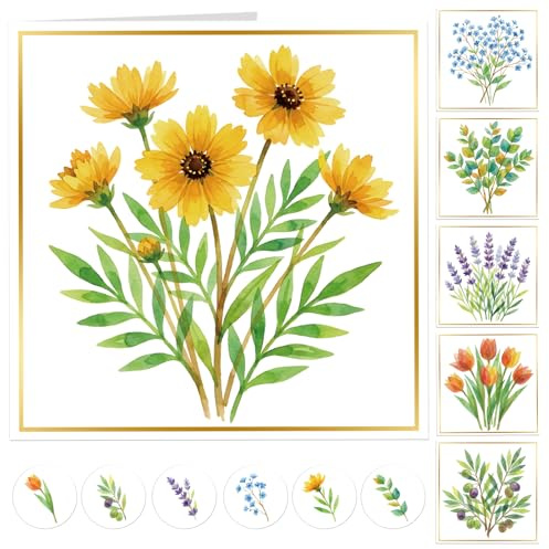 Frelimiu 30 Pack Blank Greeting Cards with Envelopes & Stickers Gold Foil | 6 Assorted Styles, Blank Inside, Notelets, All Occasions, Watercolour Floral Design, Thank You, Birthday & Christmas Cards