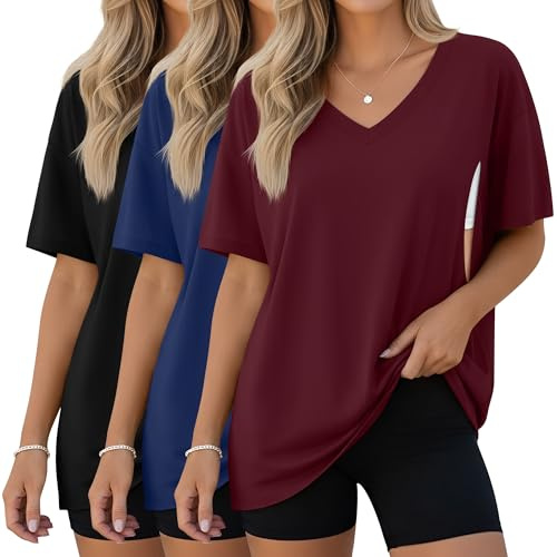 Xuniea Paquete de 3 Camisetas de Lactancia para Mujer | Camisetas De Lactancia Extragrandes Con Cremallera Oculta, Camisetas De Manga Corta De Corte Holgado, Camisetas De Maternidad