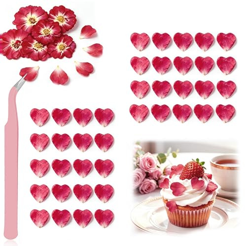 Celblisora 40 Pieces Mini Naturally Dried,Pressed Edible Flowers for Birthday Cake Decoration and Cocktails,DIY Crafts,Red Heart-Shaped Rose Petals,Cupcake Decoration