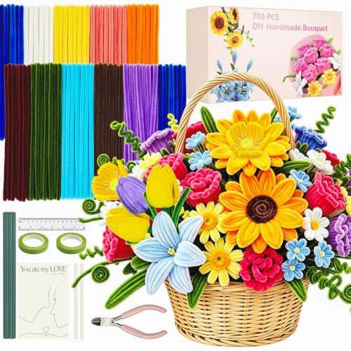 NORDUN 700 pieza Gruesa Limpiapipas Manualidades,10 Colores Limpia Pipas para Manualidades Kit de Flores,Arte Bricolaje Ramo Caja de Regalo para Festival,con Instrucciones y Varios Accesorios