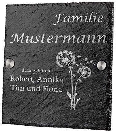 polar-effekt Personalisiertes Türschild mit Familien Name - Schiefertafel Geschenk zum Einzug - Namensschild Schieferplatte 20x20cm - Hausnummerschild mit Gravur - Motiv Pusteblume