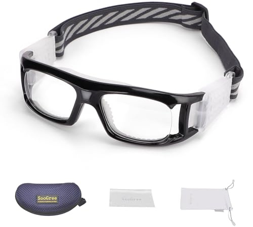 SooGree Men Women Sports Goggles Glasses,Basketball Football Protective Eyewear Glasses,Racquetball Squashball Glasse Shock Absorption Adjustable Strap Replaceable Lens(Black frame White pad)