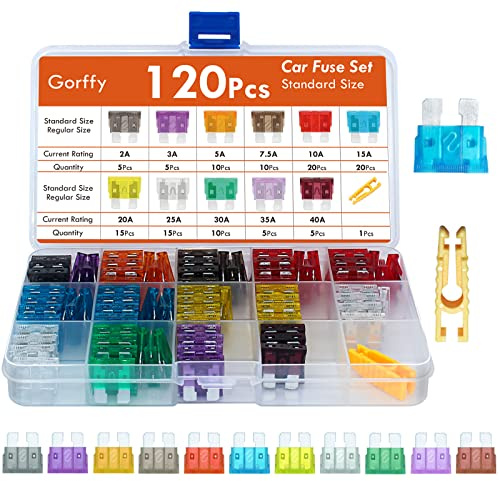 Gorffy Car Fuses Assorted, 120PCS Standard Blade Car Fuse with Storage Case | 2A 3A 5A 7.5A 10A 15A 20A 25A 30A 40A Multi-Amperage, Includes Fuse Extractor, for ATM/ATC/ATO Automotive Use