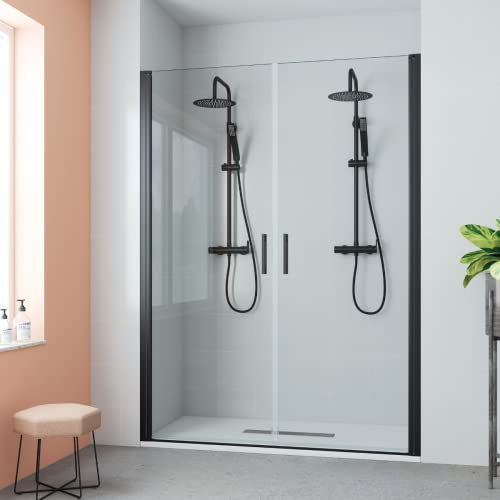 Mampara de Ducha Frontal con 2 Puertas Abatibles| Cabina Ducha 2 Puertas Giratorias TRANSPARENTE | Vidrio Templado de Alta Seguridad de 6mm con Antical | 195cm Altura Perfilería Negro | 130cm