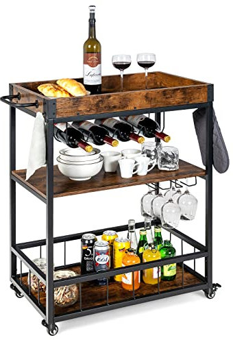 COSTWAY Servierwagen mit abnehmbarem Tablett, Küchenwagen auf Rädern, Küchenregal mit Weinregal & Glashalter, Barwagen Industrie-Design, 67x40x89,5cm, für Küche & Esszimmer, Vintagebraun