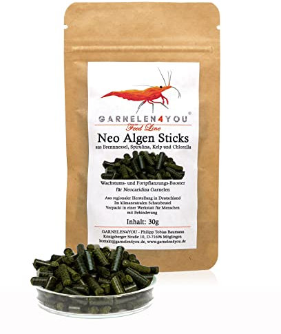 GARNELEN4YOU® Neo Algen Sticks – Wachstums- & Fortpflanzungs-Booster für Neocaridina Garnelen – Premium Garnelenfutter – nachhaltige Verpackung – Made in Germany – 30 g