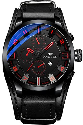 JewelryWe Herrenuhr Analog Quarz Datum Kalender Punk Militärische Armbanduhr Herren 30m wasserdichte Militär Sport Uhr mit roter Skala und Echtleder Leder Armband Schwarz