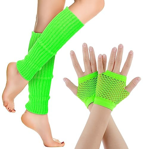 Neon Stulpen Netzhandschuhe Set Damen Retro Stretch Beinstulpen Netz Fingerlose Handschuhe 80er Jahre Outfit Party Sport Yoga Zubehör Grün