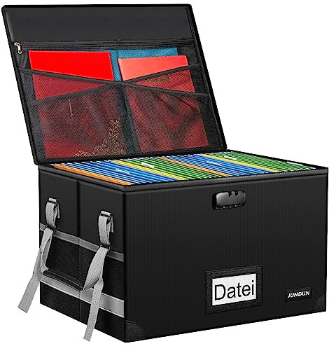 JUNDUN Akten Organizer Box mit Schloss, Zusammenklappbare Feuerfeste Dokumentenbox mit Wasserabweisendem Reißverschluss und Deckel, Tragbare Dekorative Hängeregistraturbox für Zuhause/Büro