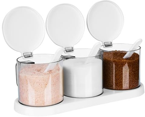 BELLE VOUS Lot de 3 Bocaux à Condiments Ronds - Pot a Epices Hermetique avec Couvercle et Cuillère - Bocal à Épices de Stockage et Rangement pour la Cuisine - Sel et Sucre