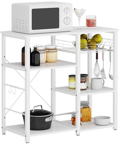 soges Estantería de Cocina Mueble para Almacenamiento de Cocina Estantes de Cocina con Ganchos para Almacenaje Estante de Horno de Microondas,Estanterías de Cocina con 3 + 3 estantes Blanco
