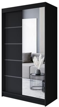 Easy4You P3 120 cm Schwarz Schiebetüren Kleiderschrank 120x200x58 cm mit Spiegel - Schlafzimmermöbel, Aufbewahrung - Mehrzweckschrank