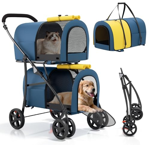 Magshion Double Dog Stroller with 2 Detachable Carrier Bags, 4-Wheel Folding Pet Travel Strolling Cart with Storage Pocket for Small-Medium Dogs & Cats Puppy, Navy Blue/Yellow