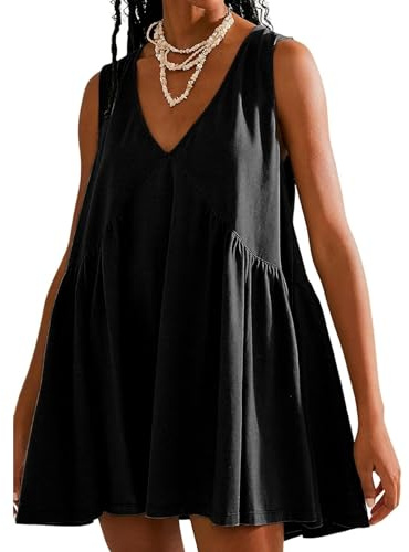 OPCAKM Women's V Neck Sleeveless Mini Dress Loose Summer Pleated Swing Flowy Sundress(Black-XL)