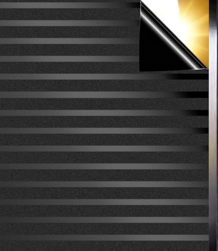Qualsen Blackout Window Film Privacy, Stripe Patterns Black Out Frosted Window Film 100% Total Light Blocking Non Adhesive Static Cling Windows Cover for Home, Office (Medium Stripes, 44.3x200cm)