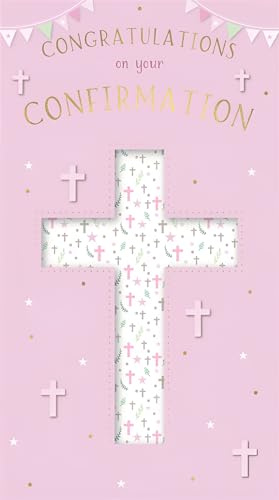 IC&G Girl's Confirmation Day Congratulations Card - Confirmation Congratulations Card for Children with Contemporary Patterned Cross Design and a Foil Finish