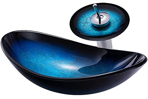 IYUESQ Vasque de Salle de Bain en Verre trempé, Vasque à Poser, lavabo de Salle de Bain, Ensemble de robinets, Bleu