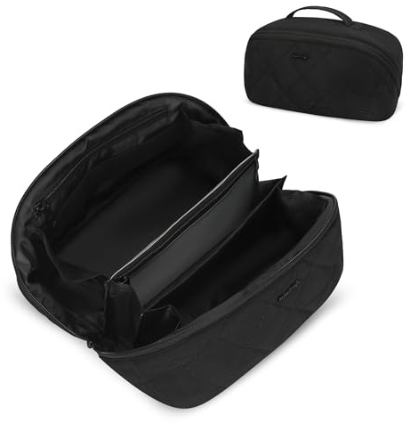 Hynes Eagle Travel Makeup Bag for Women Puffy Cosmetic Organizer Pouch Open Flat Toiletry Bag for Toiletries, Brushes Black