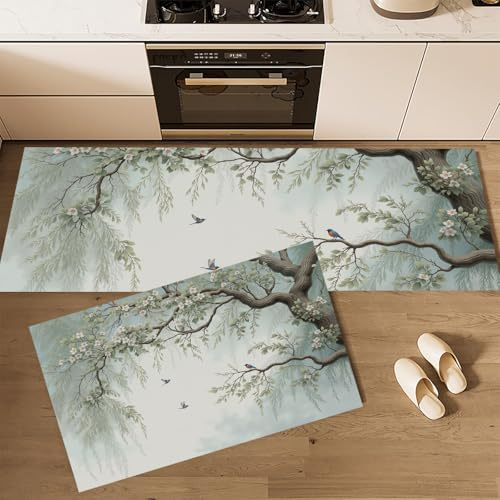 2 Pezzi Tappeti Da Cucina Paesaggio Primaverile, Tappetini Da Cucina Salici Piangenti Uccelli In Volo Antiscivolo Lavabile, Per Cucina Corridoio Soggiorno, Blu-Verde, 50x80cm+50x150cm