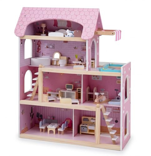 COSTWAY Casa de Muñecas Madera, Casita de Muñecas para Niñas DIY con 33 Muebles y Accesorios, Casita de Muñecas Infantil, Juguete de Casa DIY con 4 Pisos para Niñas de 3+ Años, 63 x 25 x 78 cm (Rosa)
