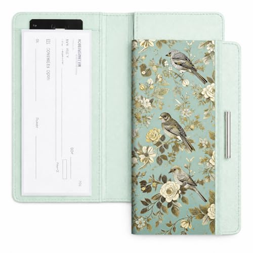 UNICRAFTALE Housse de Chéquier pour Chéquier Personnel Porte Chèques en Cuir Oiseau Fleur 19.5x11.5cm avec Chèques à Souches Porte Stylo et Fentes pour Cartes pour Chèques Personnels et Professionnels