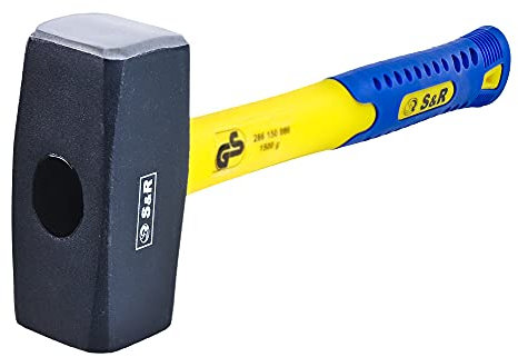 S&R Maza Albañil de demolición de 1500 gr en Acero Forjado C50. Mango de fibra de vidrio con recubrimiento de PVC anti vibración