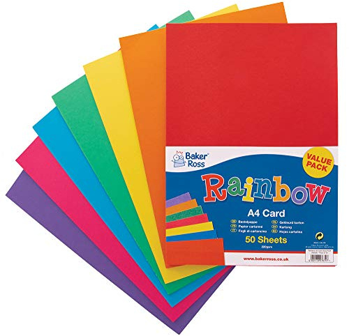 Baker Ross AV535 A4 Rainbow Coloured Card (220gsm), Perfect for Children's Art & Craft Activities, Collages, Model Making and More (Pack of 50), Assorted