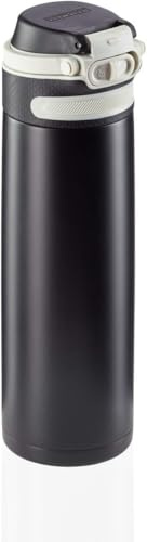 Leifheit Thermobecher Flip 600ml, Kaffeebecher 100% dicht, praktisches Öffnen mit einer Hand, Trinkbecher to go mit Filter für Wasser mit Obststücken, hält Getränke bis zu 6 Stunden heiß, black