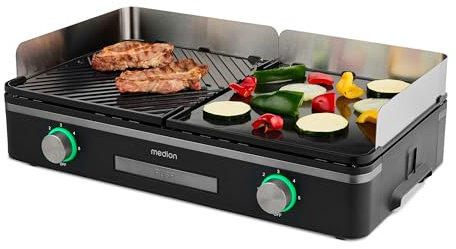 MEDION Parrilla de mesa con sistema de doble zona (2400 W, 2 placas desmontables, control de temperatura individual, indicador LED, protección IPX4), MD12027
