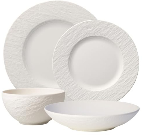 Villeroy & Boch Manufacture Rock Blanc Geschirr-Set, 4-teilig, wunderschön gearbeitetes und zeitloses Geschirr, Gläser und Besteck