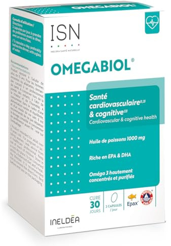 ISN - Omegabiol® - Complément alimentaire à base d'acide gras Oméga 3 - Riche en EPA + DHA - Maintien de l'équilibre cardiovasculaire - Sans Gluten - Marque Française - Cure 30 jours