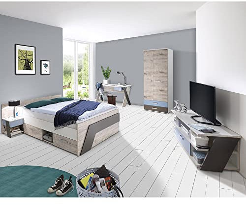 Lomadox Jugendzimmer Kinderzimmer-Set, Eiche weiß Lava blau, 140 x 200 cm Kojenbett, Kleiderschrank, Nachttisch, TV Kommode, Schreibtisch