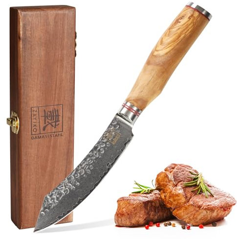 zayiko Minami Damast Steakmesser I 12 cm Klinge aus 67 Lagen Damaststahl mit Hammerschlag I Edler Olivenholzgriff I Handgefertigtes Steakmesser in Geschenkbox für Steaklover & Genießer