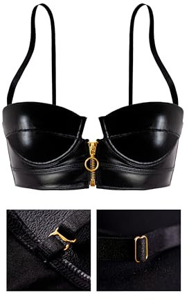 LOVE YOU SEXY Damen Kunstleder Balconette BH mit Front Offener Reißverschluss, Schwarz BH, 80B