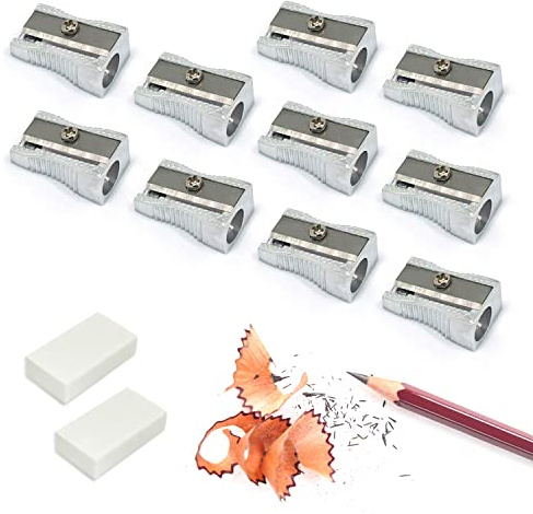 Sacapuntas de un solo orificio de aleación de aluminio de 10 piezas con borrador de 2 piezas, sacapuntas de lápiz simple de mano, útiles escolares para estudiantes, para estudiar, lápices, ceras.