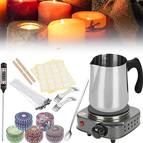 Whemyreat Kit Per Fare Candele - Scioglitore Di Cera Con Crogiolo, Piastra Riscaldante, Frusta Quadrata, Adesivi Per Stoppini E Stoppini