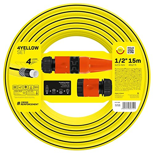 Cellfast 4AMARILLO Conjunto Manguera 10-590 1/2 15m + Aspersor Recto, Tope de Conexión Rápida y Rebosadero, Conexión con Rosca hembra G3/4