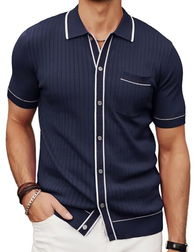 PJ Paul Jones Mens Knit Shirts Vintage Retro Short Sleeve Button Down Vacation Polo Shirts