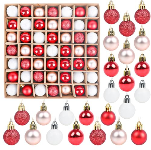 SULOLI Mini Christmas Tree Baubles,49PCS Mini Shatterproof Decorative Hanging Ornaments Balls Christmas Tree Decor(Red&White)
