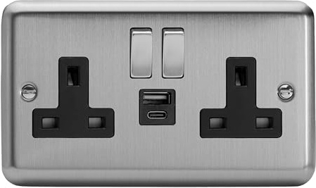 Varilight Double Switched Plug Socket With USB A+C Charging - Value Matt Chrome With Brushed Steel/Black Insert, XS5UACDB