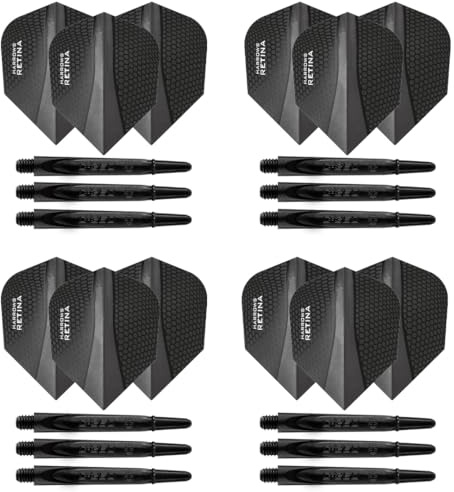 Harrows Lot de 4 jeux de tiges de fléchettes en carbone 360 et ailettes de fléchettes Retina – 12 tiges de fléchettes 12 ailettes au total – Moyennes et courtes, noires et transparentes (noir, moyen)