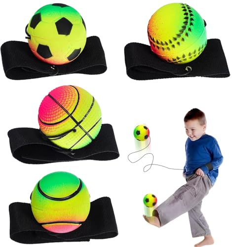 DBAILY Bola de saltar con cuerda, 4 unidades, diámetro de 47 mm, bola de retorno de muñeca con banda elástica para niños adultos, fútbol, baloncesto, softbol, béisbol
