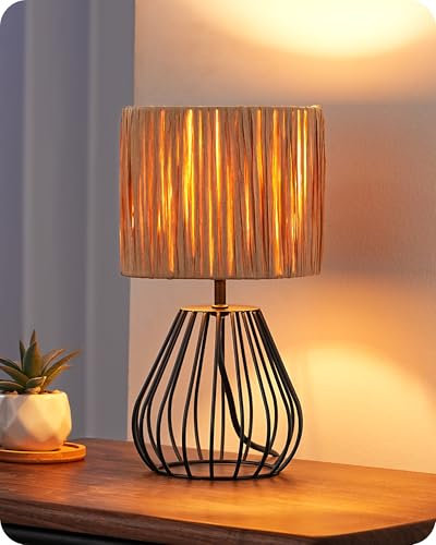 EDISHINE Small Rattan Table Lamp, Industrial Bedside Lamp, Handwoven Lampshade, Boho Lamps for Living Room, Bedroom, 2700K LED Bulb Included, Wrinkled Lampshade