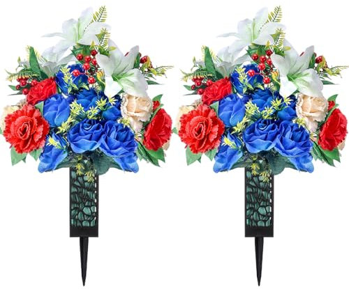 Thiccywoov 2 juegos de flores artificiales de cementerio con jarrón incluidos, 2 ramos de lirios de peonías, 2 ramos de rosas, flores conmemorativas para lápidas, cementerio, tumba, decoración de