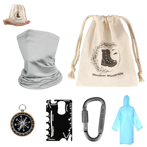 WDFCN Wanderzubehör Wanderer Wundertüte Enthalten Multitool Schlauchschal Karte Halstuch Taschenkompass Kletterkarabiner Einweg Regenponcho Wundertüte für Erwachsene Mann Frau Wanderer