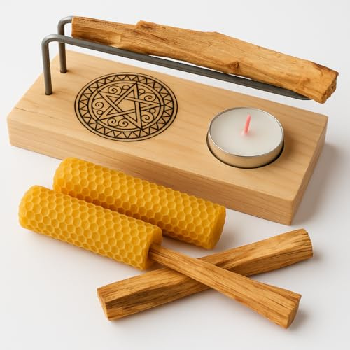 YA-DECOREGALOS Quemador de Palo Santo con Diseño Petagono, 2 Velas de Cera de Abeja, 2 palos Santos Origen Perú Elaborado Artesanalmente
