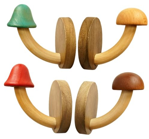 Uonlytech 4 piezas Gancho Adhesivo de Madera Natural Setas Perchero sin Perforaciones para Baño y Dormitorio Colgador Original para Toallas y Ropa Almacenamiento Práctico para Pared